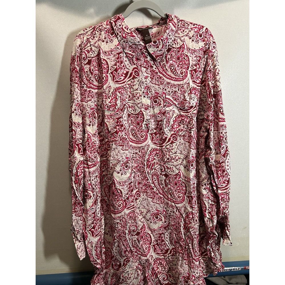 Bit & Bridle Red & White Paisley Button Up Long Sleeve Dress Size 3xl